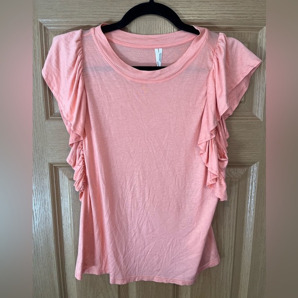 By Anthropologie Coral Pink Ruffle Flutter-Sleeve Tee Small - Picture 2 of 9